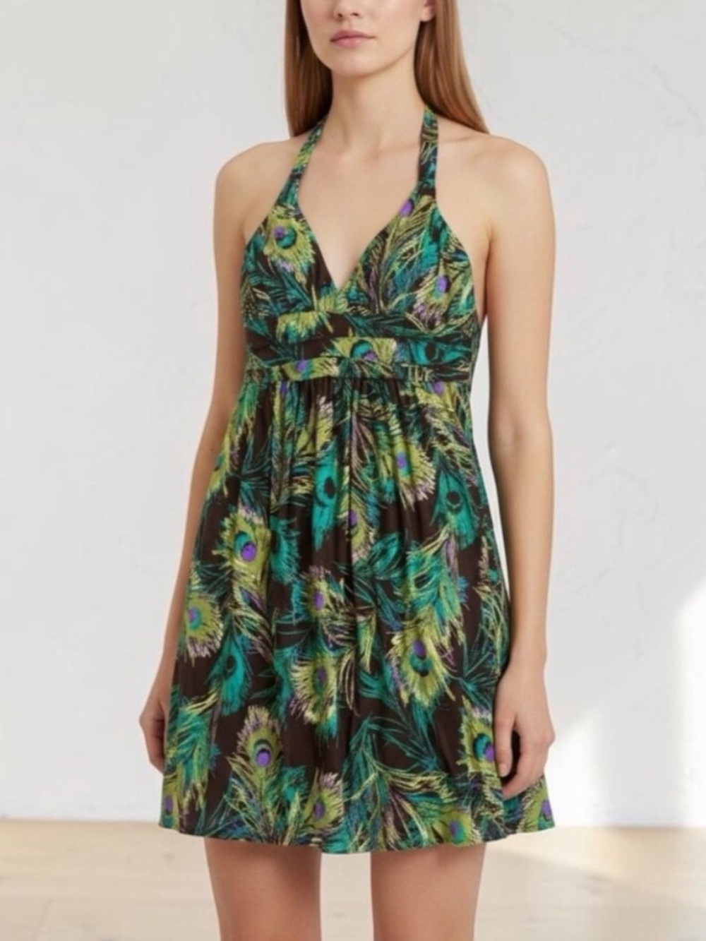 Vintage Ruby Rox Halter Babydoll Dress  Women's S Peacock Flowy Coastal Artsy